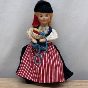 Vintage 9” Doll with Red Striped Apron and Knitting Basket